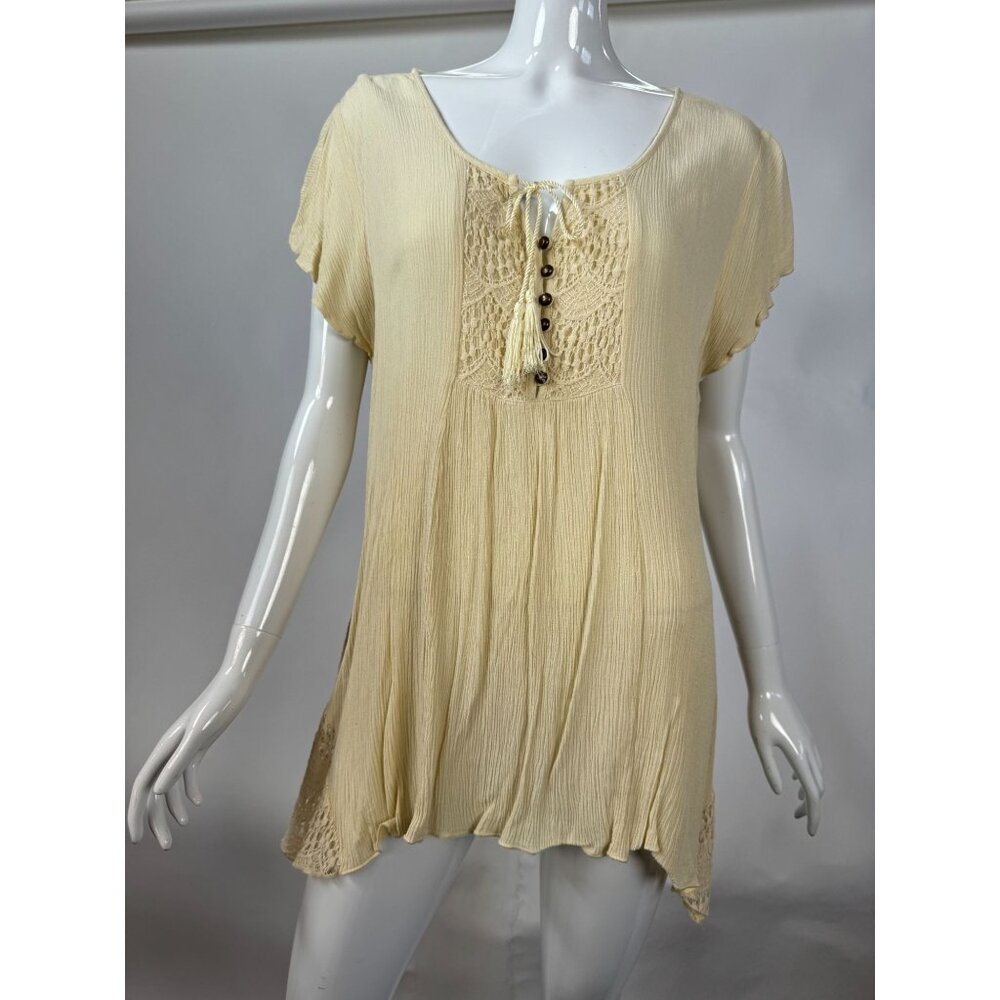 Style & Co Womens 2X Cream Tunic Top With Crochet Lace Detail & Button Tassel Ne